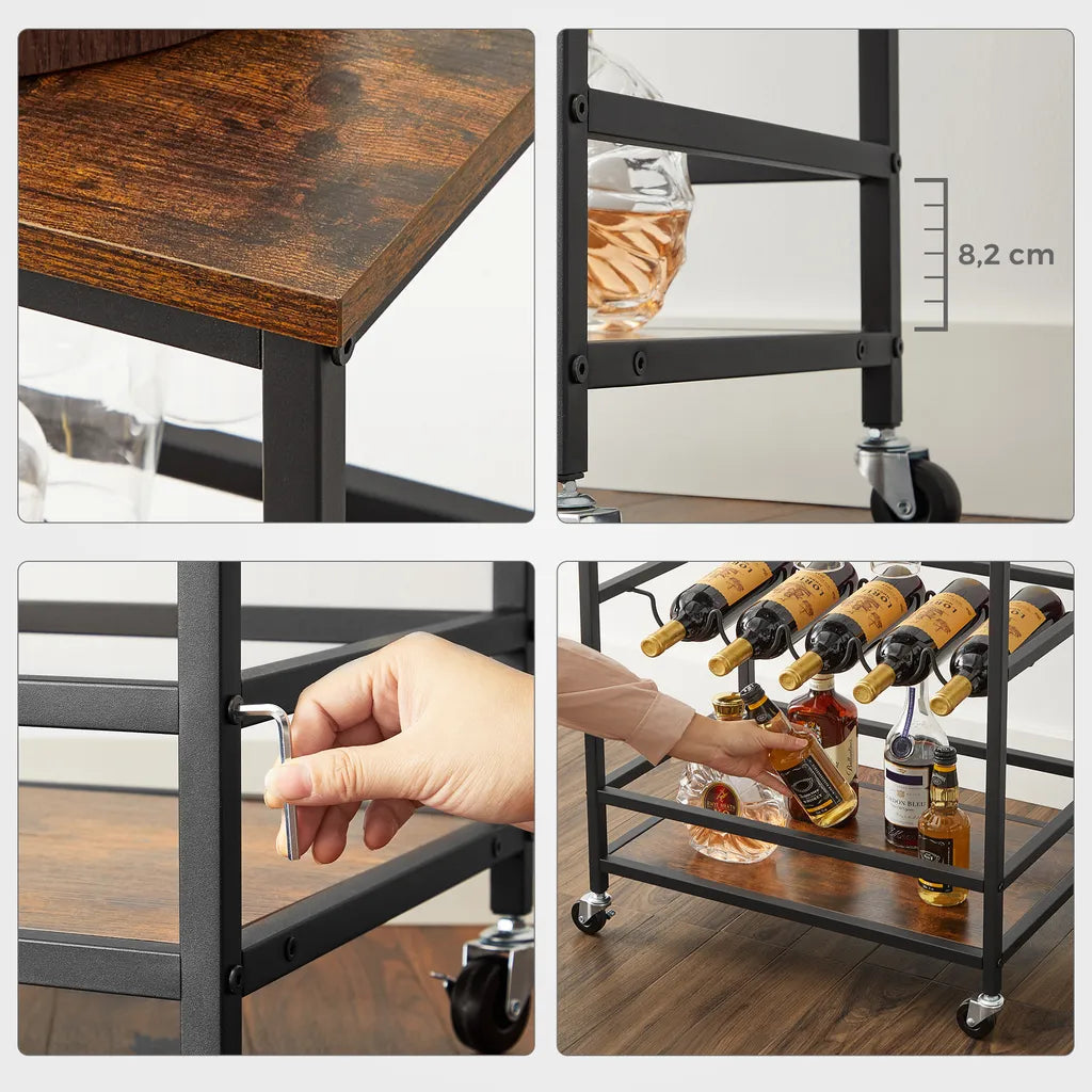  VASAGLE Servierwagen, Küchenwagen Auf Rollen, Mit Ablagen, Glas- Und Flaschenhaltern, 60 X 40 X 75 Cm, Industrie-Design, Vintagebraun-schwarz LRC087B01