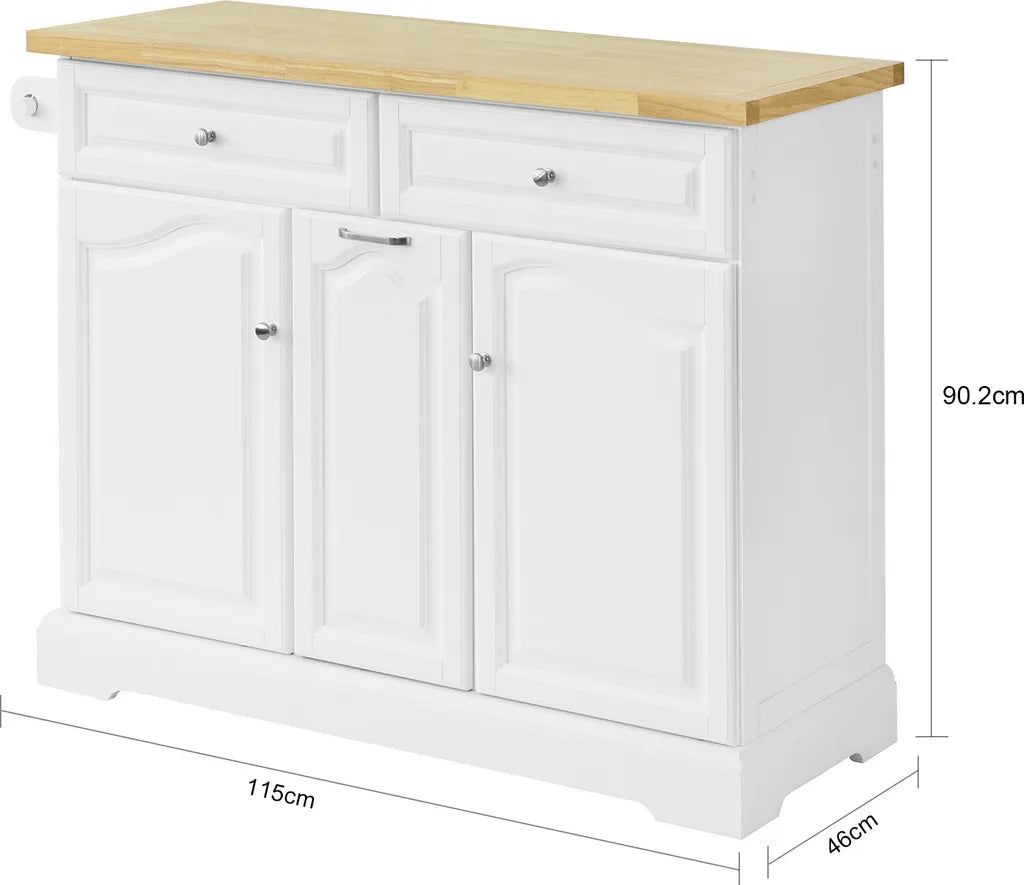  SoBuy FKW100-WN Kücheninsel Mit Arbeitsplatte Küchenwagen Mit 2 Türen Und Ausziehbarem Flaschenhalter Küchenschrank Sideboard Küchentrolley Weiß BHT Ca.: 115x90x46cm