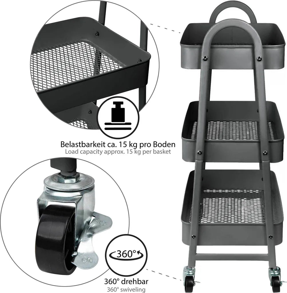  ONVAYA® Servierwagen Silvio | Beistellwagen | Dunkelgrau | 30,5 X 45 X 77 Cm | 3 Fächer | Multifunktionswagen | Transportwagen | Allzweckwagen | Küchentrolley | Nischenregal