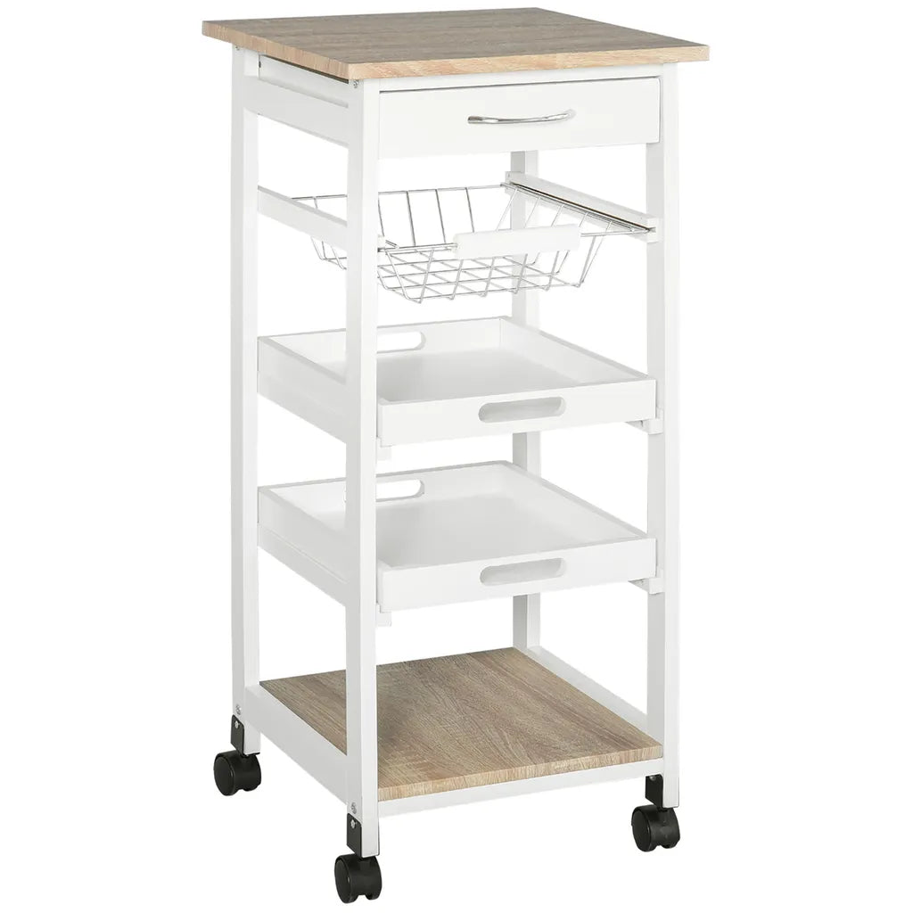  HOMCOM Küchenwagen, Servierwagen Mit Schublade Und Abnehmbarem Tablett Küchenrollwagen, Rollwagen Mit Arbeitsplatte, Kieferholz, Weiß, 37 X 37 X 82 Cm