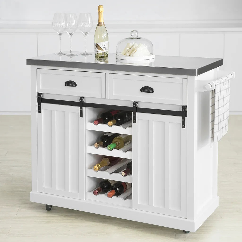  SoBuy FKW94-W Design Küchenwagen Mit Flaschenablage Küchenschrank Mit 2 Schiebetüren Und 2 Schubladen Servierwagen Mit Edelstahlplatte Sideboard Weiß