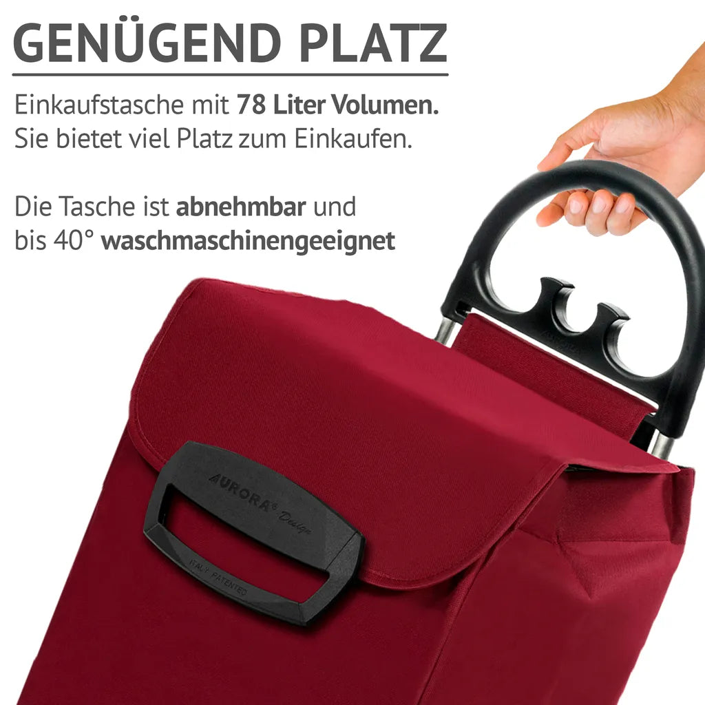  Einkaufstrolley KILEY XXL Bordeaux Mit 78l Fassung & Seitentaschen - Extragroße, Leise & Abnehmbare Gummiräder