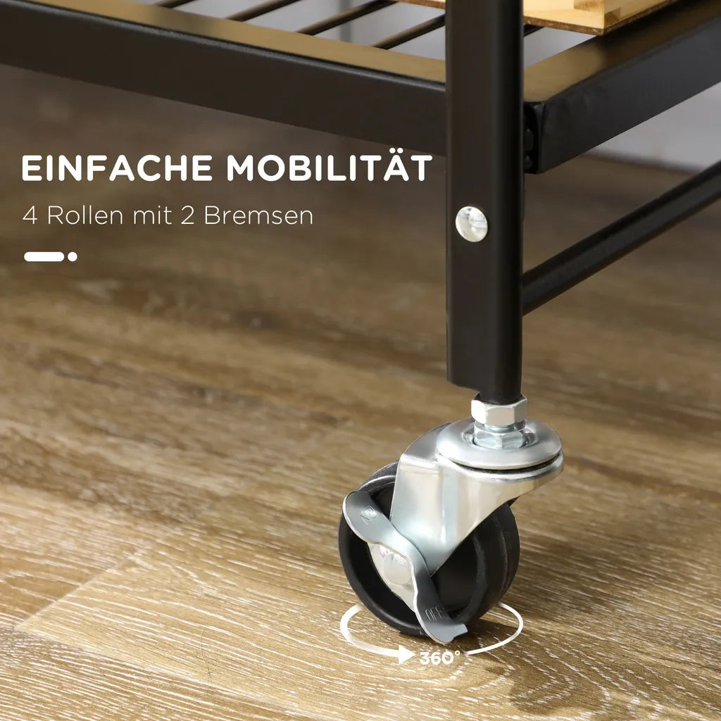  HOMCOM Rollwagen, Klappbarer Küchenwagen, Servierwagen Mit 3 Ebenen, Griff, Küchenregal Auf 4 Rollen Für Esszimmer, Wohnzimmer, Stahl, Braun+Schwarz, 68 X 35 X 85 Cm