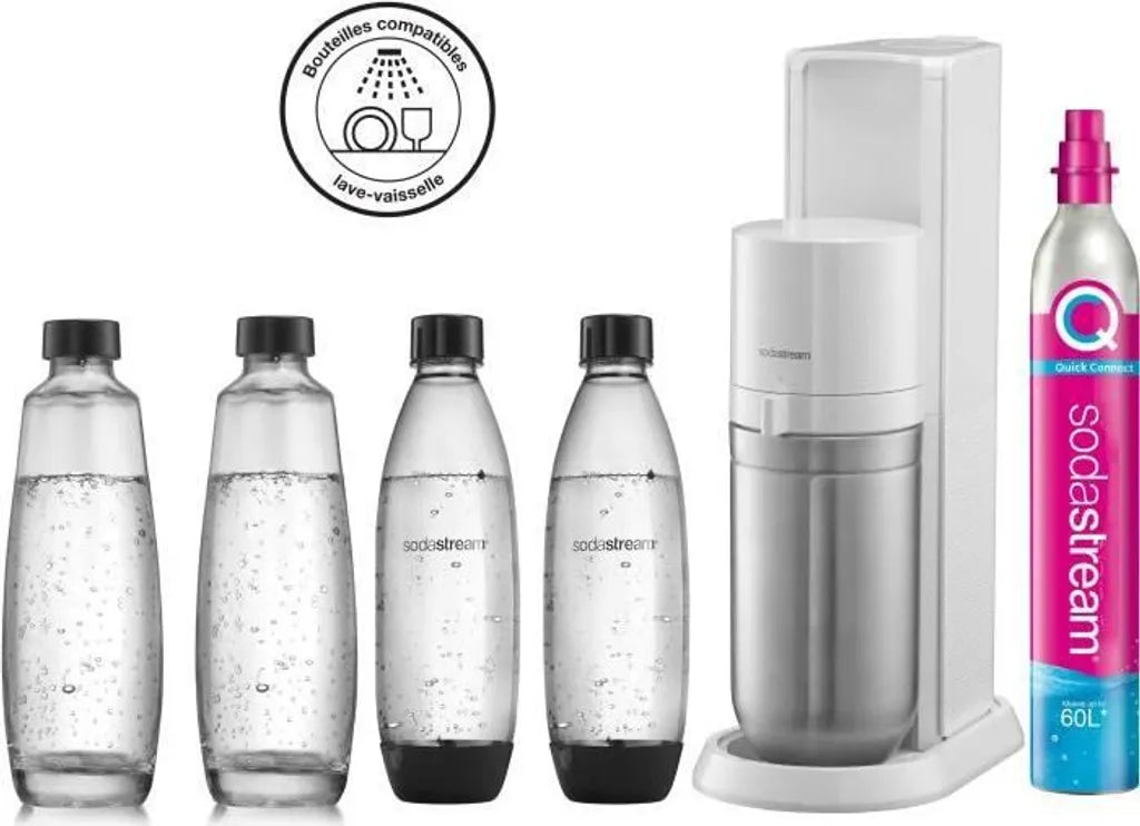  SODASTREAM DUOBICB - Weiße DUO-Maschine Pack 4 Flaschen (2 DUO-Dekanter + 2 Fuse LV) + 1 CQC-Austauschzylinder