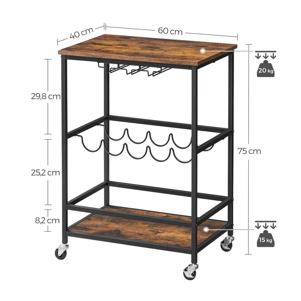  VASAGLE Servierwagen, Küchenwagen Auf Rollen, Mit Ablagen, Glas- Und Flaschenhaltern, 60 X 40 X 75 Cm, Industrie-Design, Vintagebraun-schwarz LRC087B01