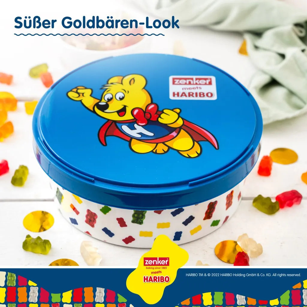  Zenker Haribo Vorratsdose Als Aufbewahrung Für Snacks Und Süßigkeiten Frischhaltedose Aus Kunststoff Mit Süßem Goldbär-Design Runde Dose Für Die Küche