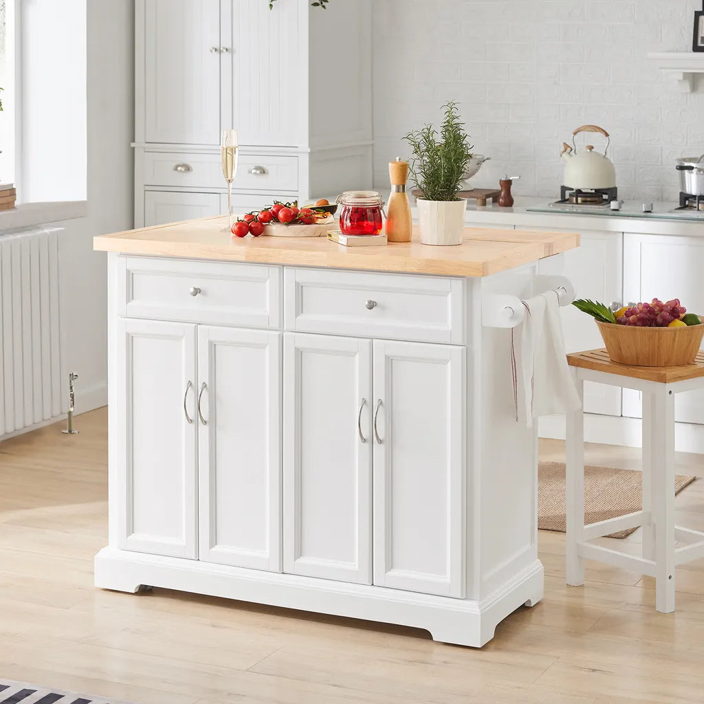  SoBuy FKW71-WN Kücheninsel Küchenwagen Mit Erweiterbarer Arbeitsplatte Küchenschrank Servierwagen Holz Weiß BHT Ca.: 115x92x46-71cm
