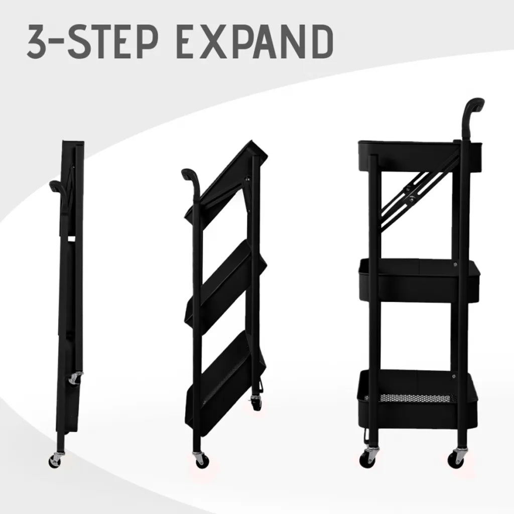  Klappbarer Küchenwagen 3 Etagen Griff Räder Pikas PlusFarbe: Schwarz, Höhe (cm): 89, Breite (cm): 46, Tiefe (cm): 29,5, Zusammensetzung: POWDER COATED IRON, Modelle: PIKAS PLUS, Länge (cm): 29