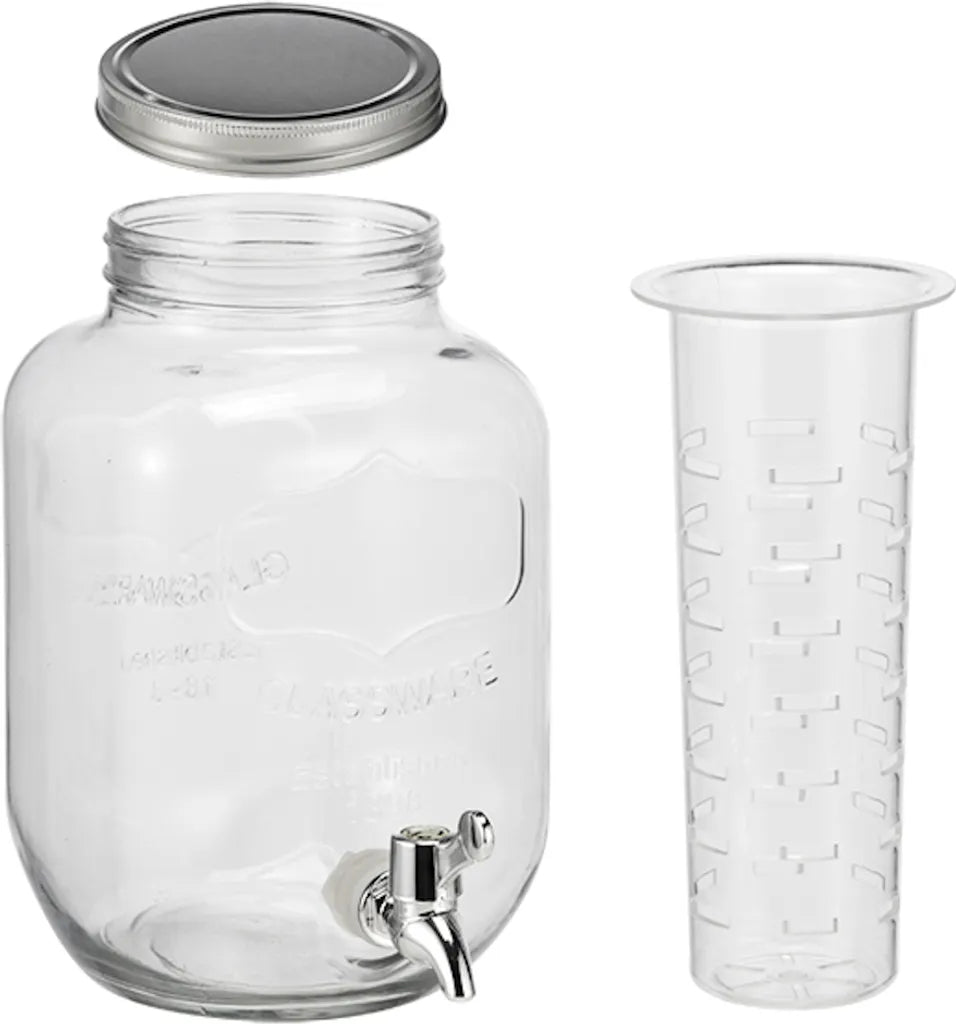  Getränkespender Glas Zapfhahn Fruchteinsatz Wasserspender Saftspender Karaffe 4L