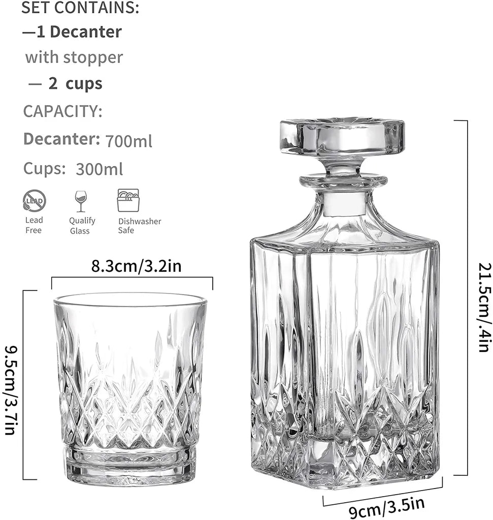  Amisglass Whiskey Karaffe Mit 2 Gläsern, Whiskey Set, 3-teilig, Whisky Dekanter 700ml Und Whisky Gläser 300ml 2 Stück, Kristallgläser & Longdrinkgläser