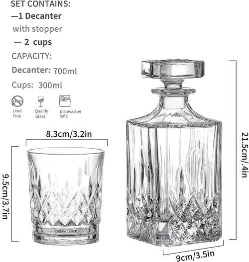  Amisglass Whiskey Karaffe Mit 2 Gläsern, Whiskey Set, 3-teilig, Whisky Dekanter 700ml Und Whisky Gläser 300ml 2 Stück, Kristallgläser & Longdrinkgläser