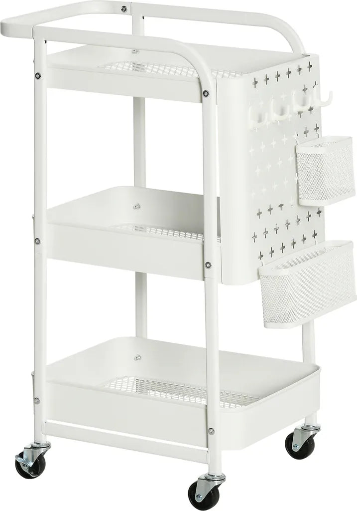  HOMCOM Rollwagen3-Etagen Küchenwagen Mit Schubladen Und Korb Für Küche Büro Schlafzimmer Wohnzimmer Stahl Weiß 51,5 X 32 X 75,6 Cm