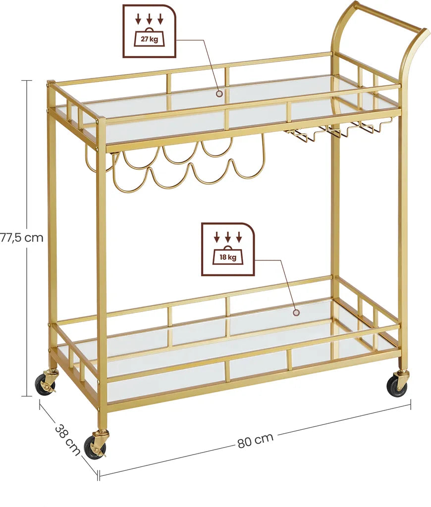  VASAGLE Servierwagen, Rollwagen, Gläserhalter, 2 Verspiegelte Glasablagen, Barwagen, Weinwagen, Für Küche, Esszimmer, Bar, Goldfarben