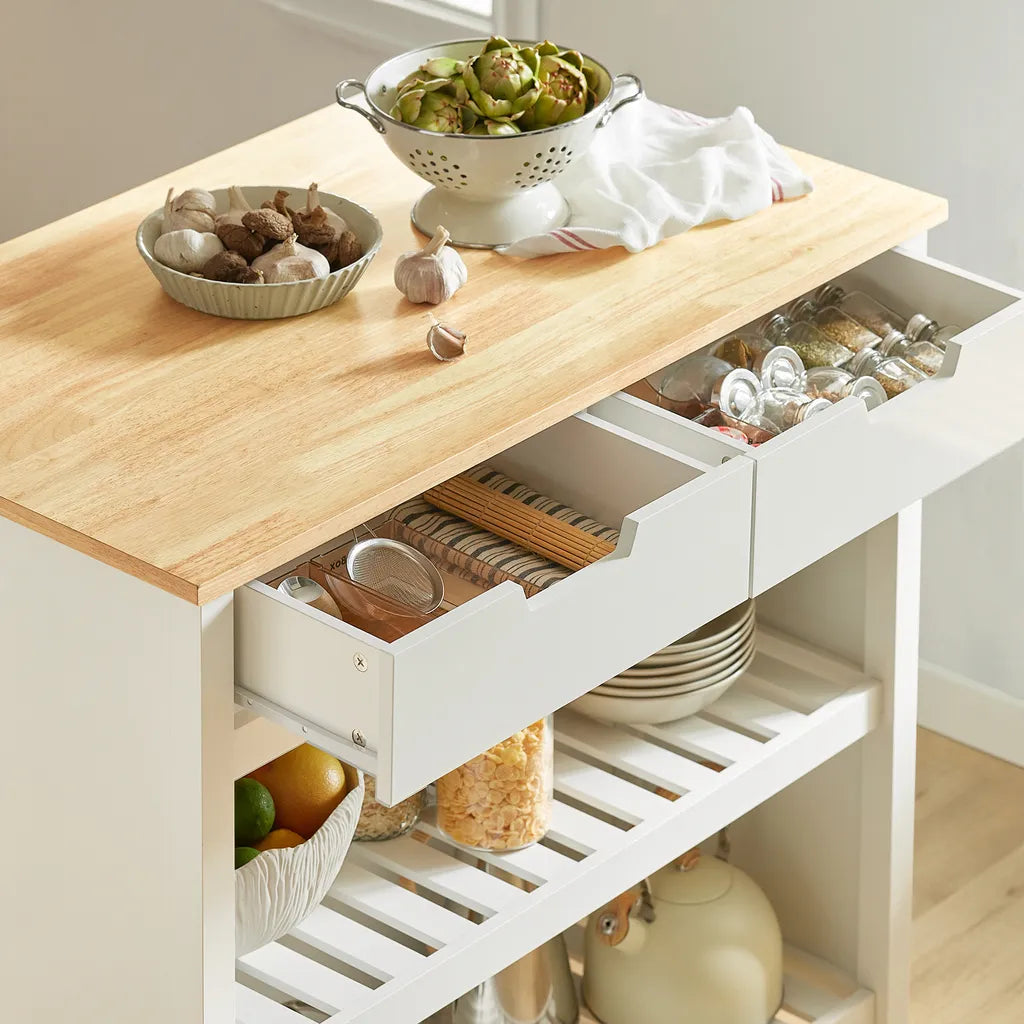  SoBuy FKW74-WN Servierwagen Kücheninsel Sideboard Küchenwagen Küchenschrank Mit 2 Schubladen Und Ablagen Weiß-Natur BHT Ca.: 100x94x60cm