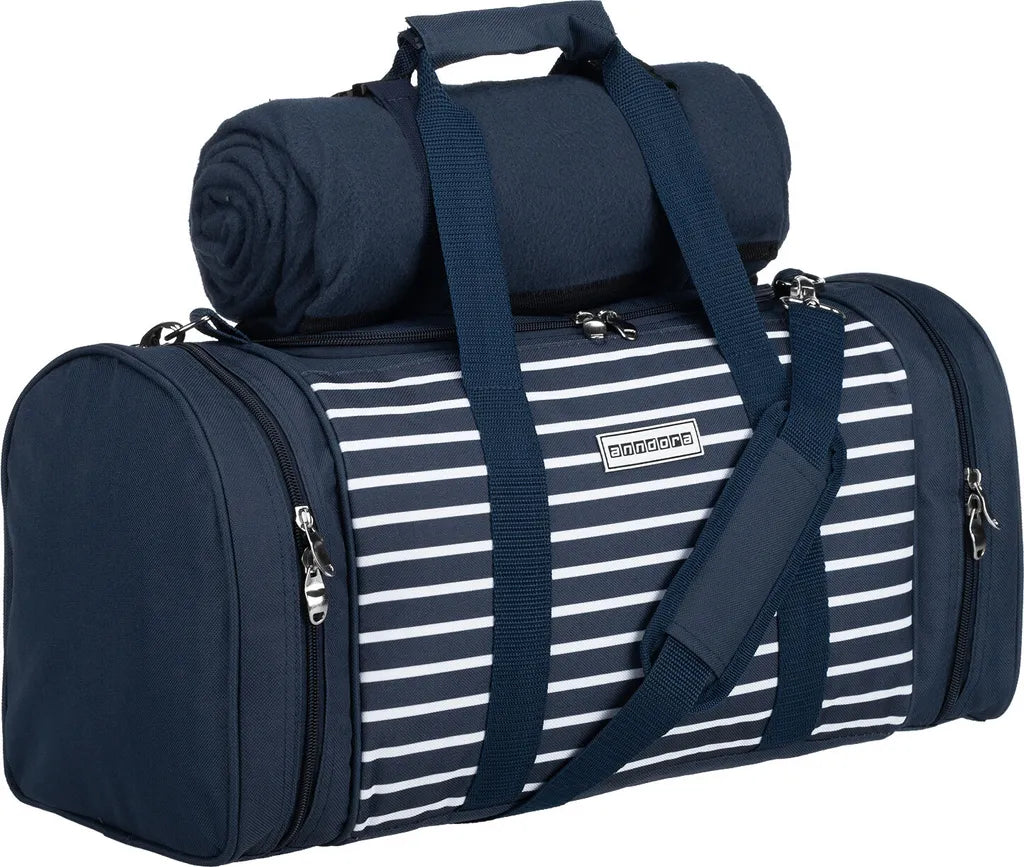  Anndora Picknick Kühltasche + Decke + Zubehör - Blau Weiß Gestreift - Blau