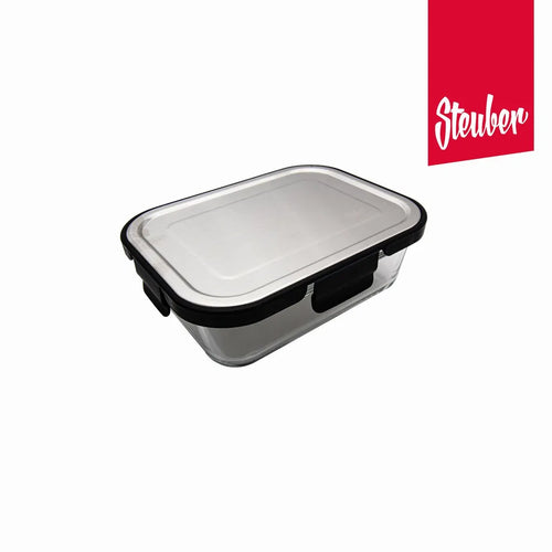  2 Stück Steuber Glas Frischhaltedose 1000ml Mit Schwarzem Edelstahldeckel, Luftdichter Silikon-Klickdeckel, Backofengeeignet