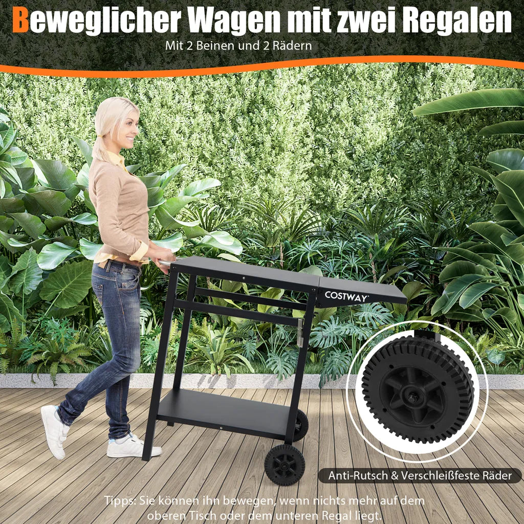  COSTWAY Grilltisch Mit Klappbarer Tischplatte, Beweglicher Campingtisch Mit 2 Ablagen & 4 Haken, Metall Grillwagen Für Außenbereich, Rollwagen Zum Grillen & Outdoorküche, Zubereitungswagen Schwarz