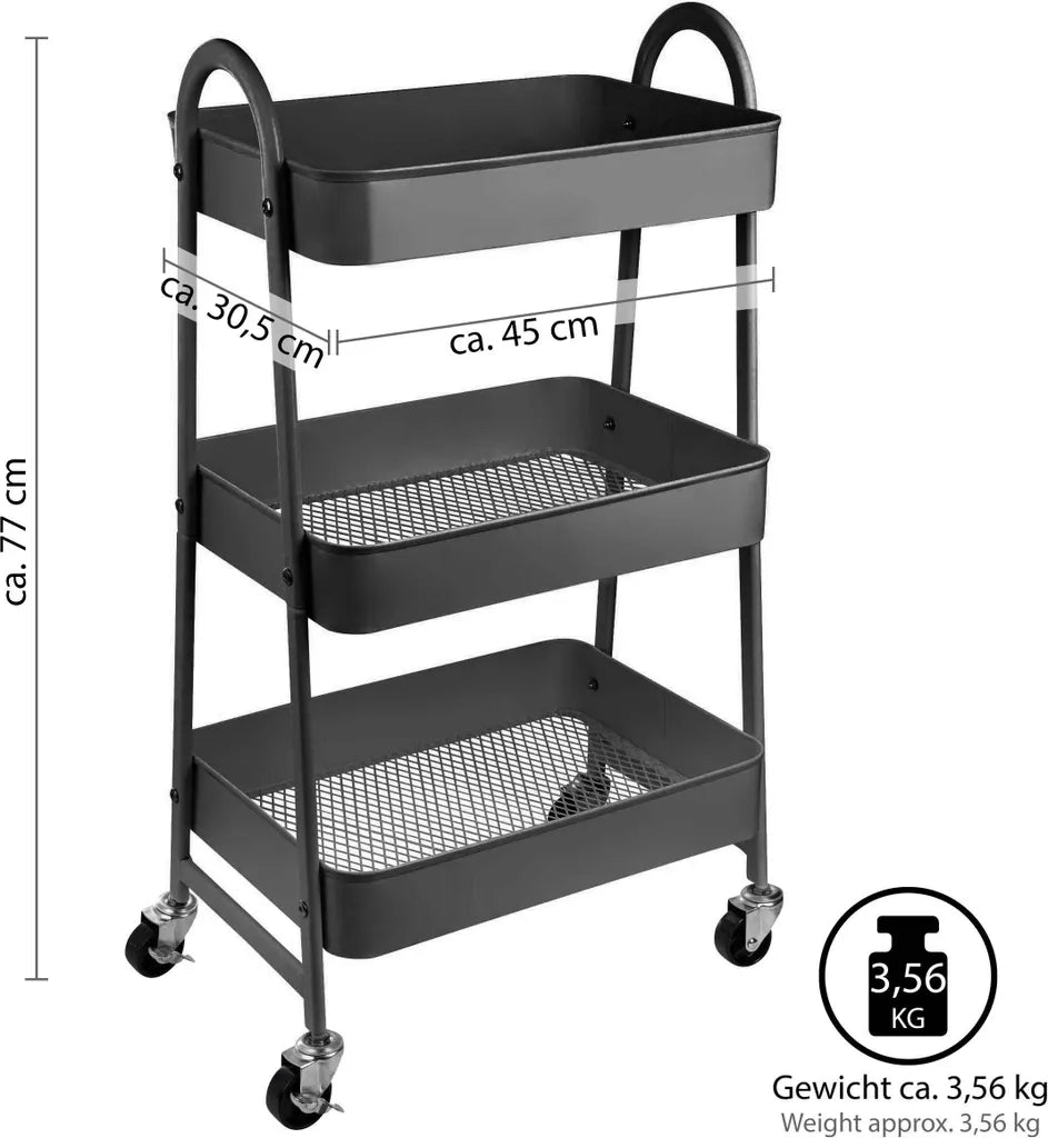  ONVAYA® Servierwagen Silvio | Beistellwagen | Dunkelgrau | 30,5 X 45 X 77 Cm | 3 Fächer | Multifunktionswagen | Transportwagen | Allzweckwagen | Küchentrolley | Nischenregal