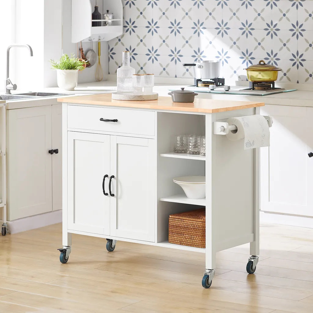  SoBuy FKW103-WN Design Küchenwagen Mit Arbeitsplatte Kücheninsel Küchenschrank Küchentrolley Weiß-Natur BHT Ca.: 108x89x48cm