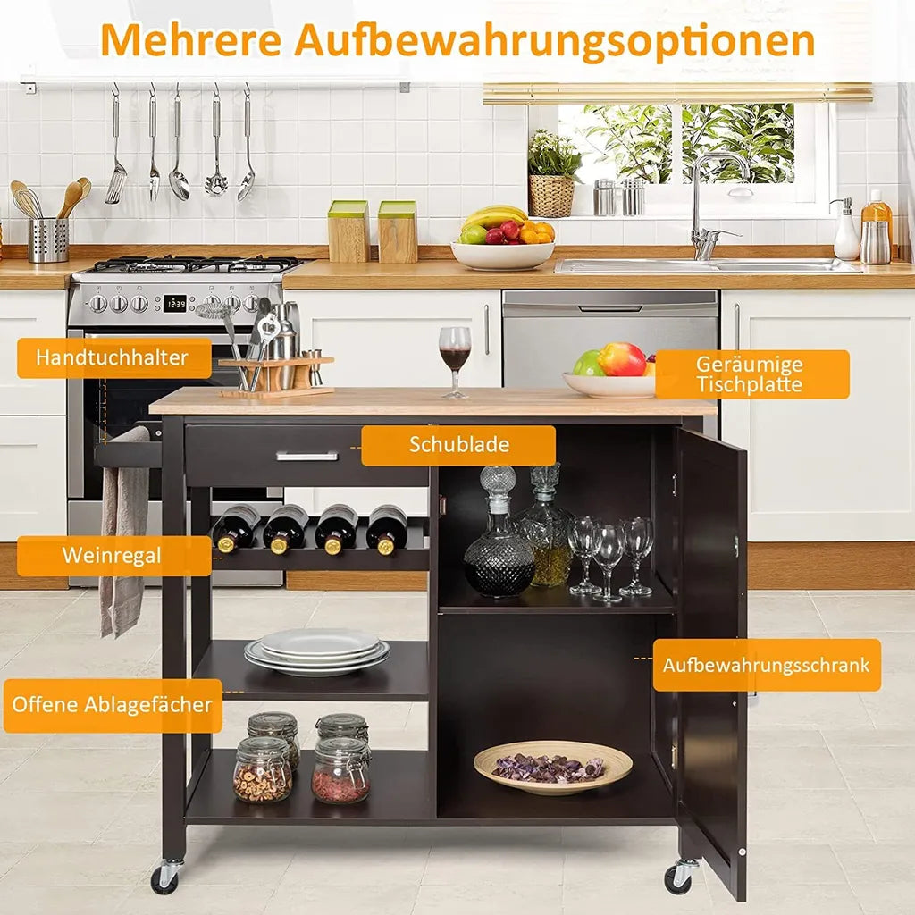  COSTWAY Küchenwagen Auf Rollen, Kücheninsel Mit Schublade, Weinregal, Offene Regale & Handtuchhalter, Platzsparender Servierwagen, Für Küche, Esszimmer, Bar, Braun