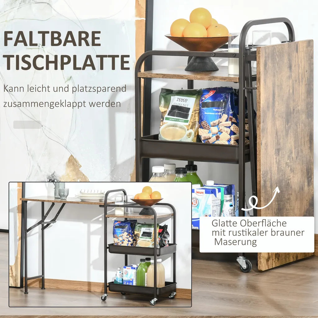  HOMCOM Küchenwagen Küchenrollwagen Servierwagen Mit 1 Klappbaren Tischplatte 2 Tabletts Und 1 Offenes Regal Rollen Verstellbare Fußpolster E1-Spanplatte Metall Rustikal-Braun 118 X 36,5 X 82 Cm