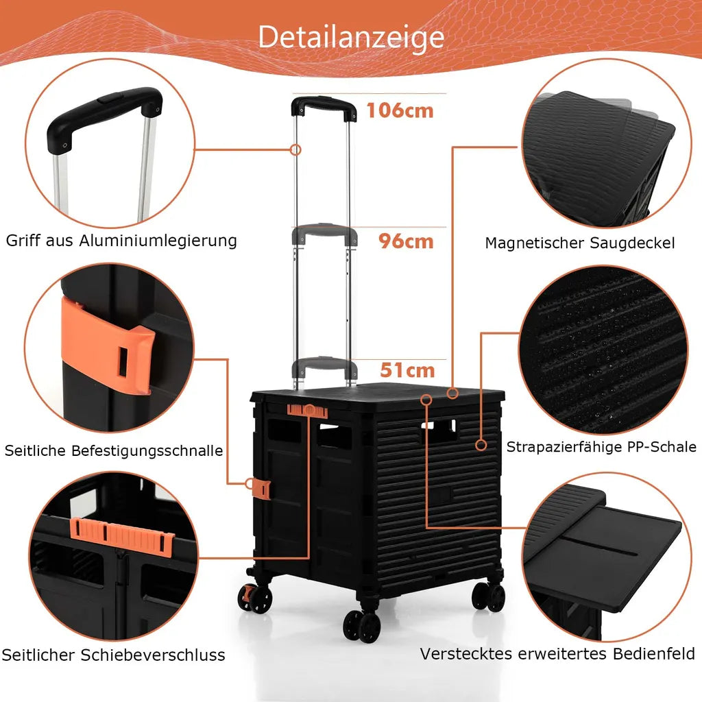  COSTWAY 55L Einkaufstrolley 80kg Belastbar, Klappbarer Einkaufswagen Mit 3-fach Verstellbarem Griff, 2 Bremsbaren Universalrädern & Erweiterbarer Obere Abdeckung, Handwagen Tragbar, Schwarz