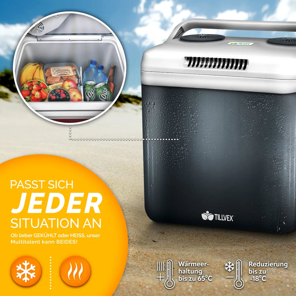  Tillvex Kühlbox Elektrisch 32L Grau | Mini-Kühlschrank 230 V Und 12 V Für KFZ Auto Camping | Kühlt & Wärmt | ECO-Modus