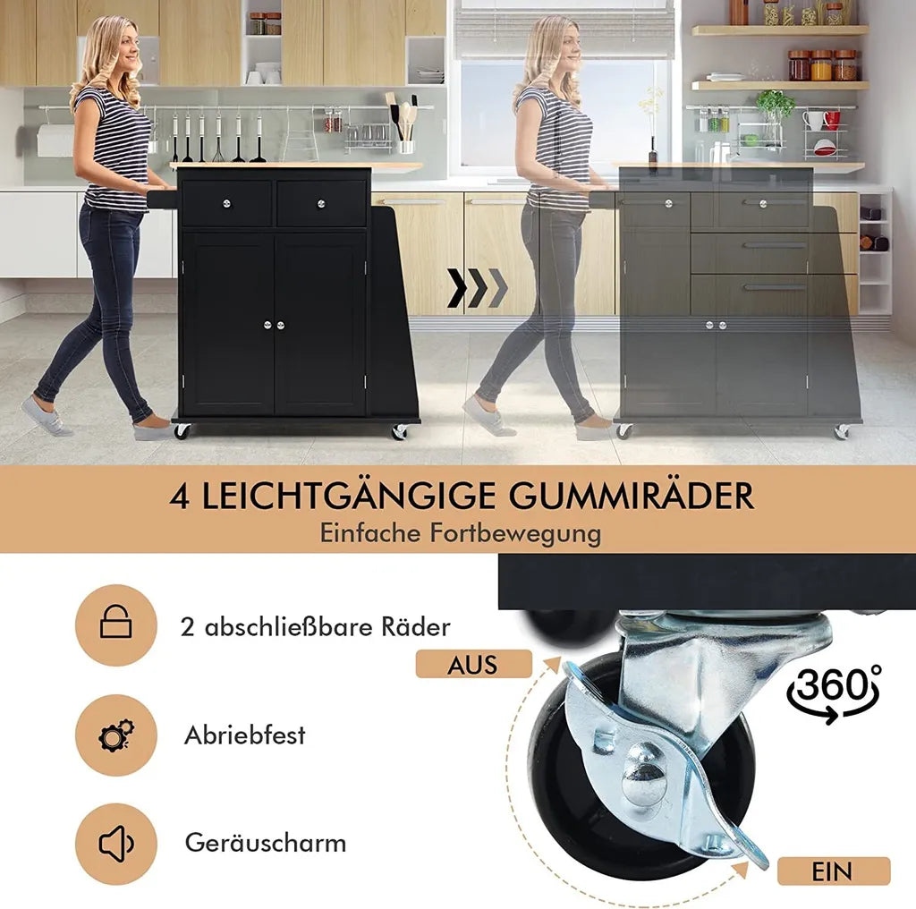  COSTWAY Kücheninsel Mit Handtuchhalter, Rollender Küchenwagen Aus Gummiholz Mit Verstellbarem Regal & 2 Schubladen & Gewürzregal, Servierwagen Modern Mit Räder Mit Bremsen (Schwarz)