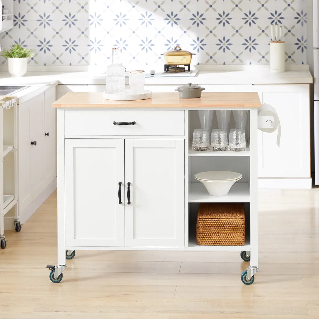  SoBuy FKW103-WN Design Küchenwagen Mit Arbeitsplatte Kücheninsel Küchenschrank Küchentrolley Weiß-Natur BHT Ca.: 108x89x48cm