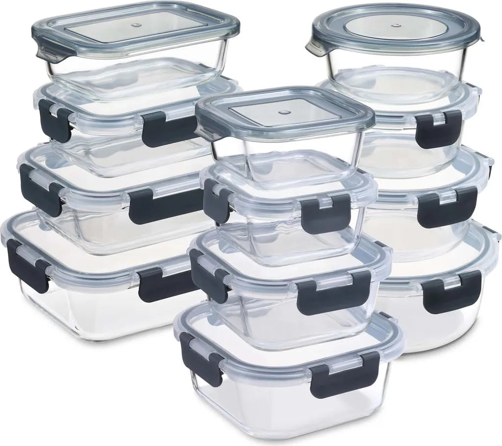  PIE LOCK Frischhaltedosen Set 24 Teilig - Frischhalte Dosen Glasdose Eckig Vorratsdosen - In Transparent Mit Grau Mikrowellengeeignete Frischhaltedose Essensbox Für Lebensmittel BPA-Frei