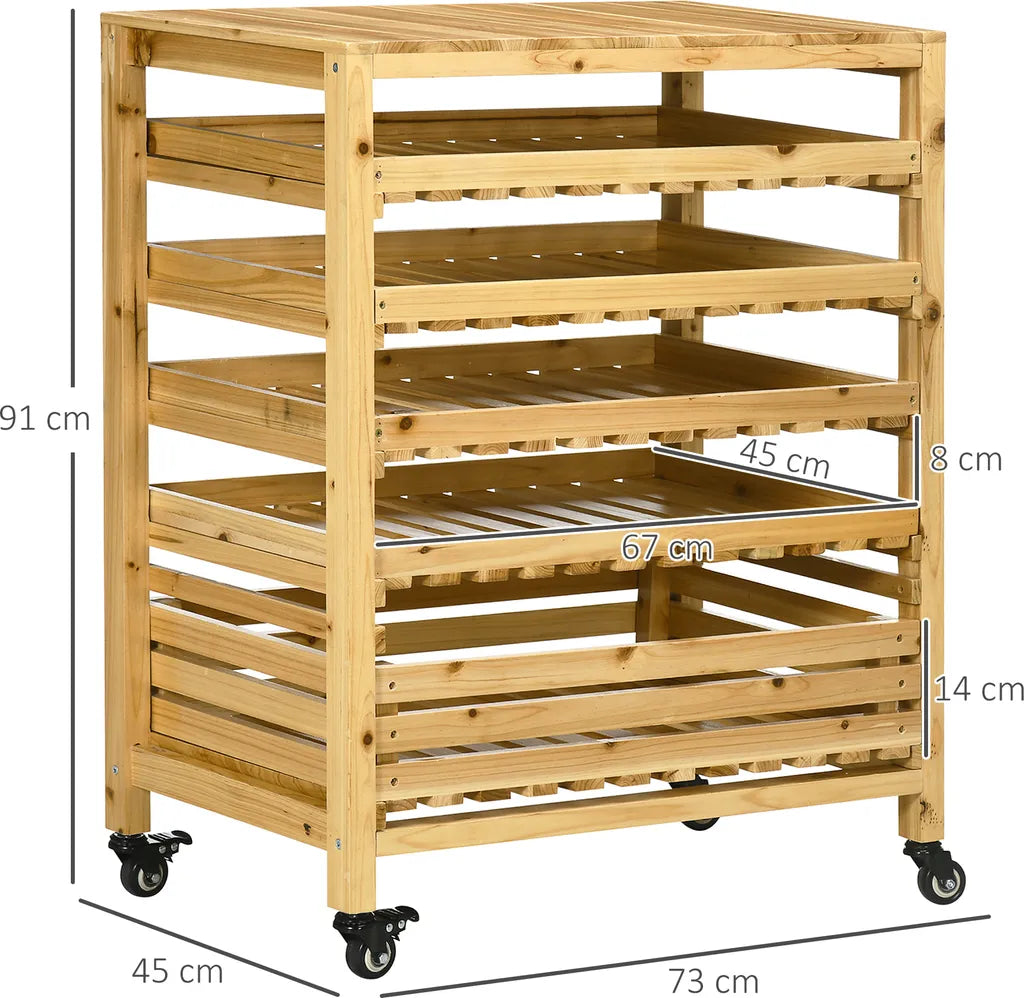  Outsunny Obsthalter Mit Rädern, Gemüseregal Mit 5 Regalen, Obstkorbständer, Aufbewahrungswagen, Für Gemüse, Obst, Bis 20 Kg Belastbar, Aus Tannenholz, Natur