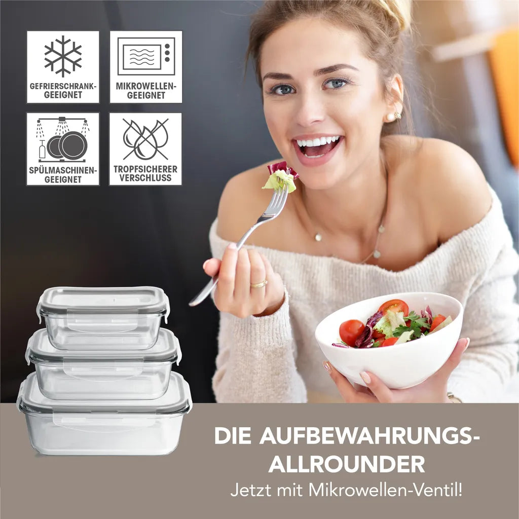  GOURMETmaxx Glas-Frischhaltedosen Klick-it Mit Mikrowellen-Ventil - 6-teilig - Grau