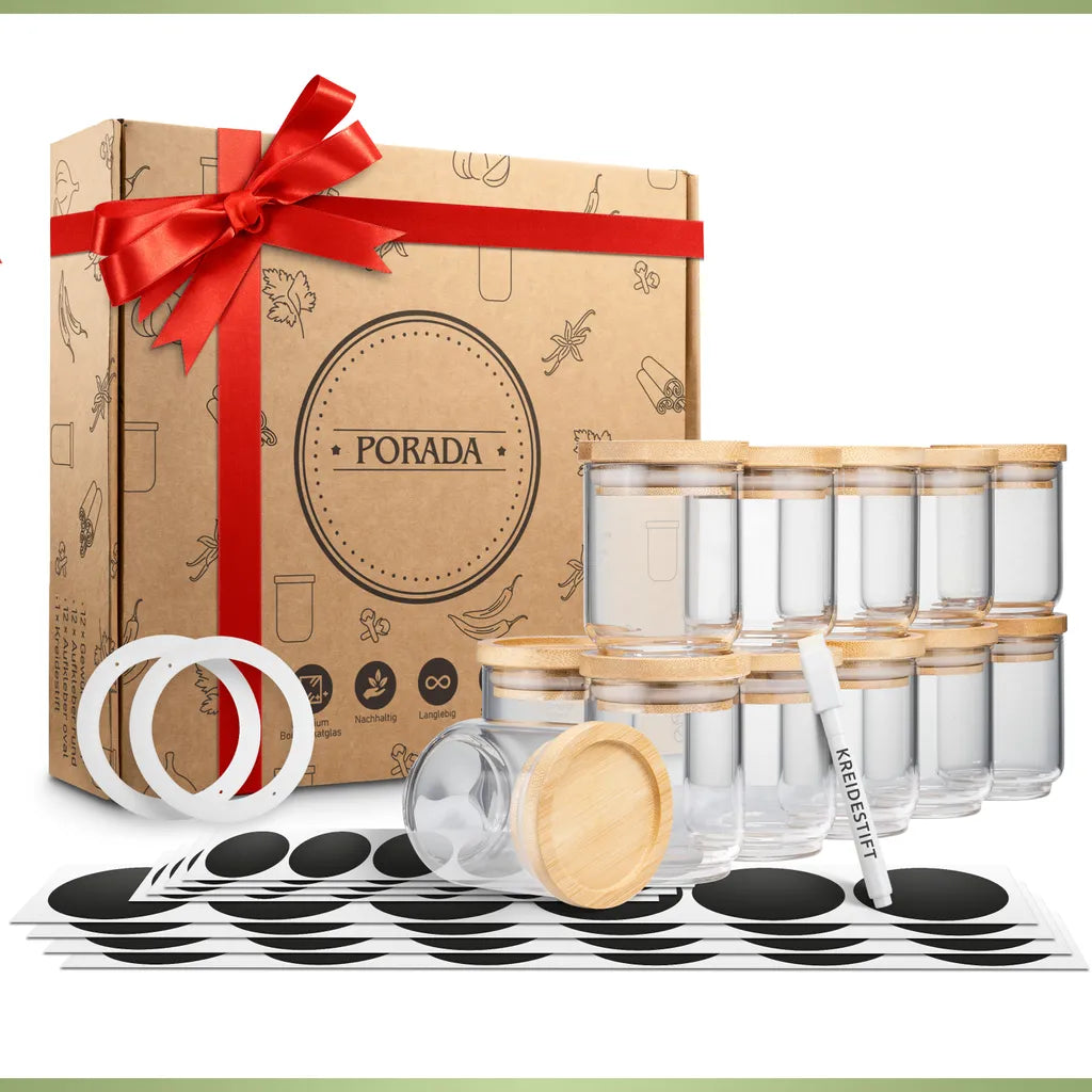  PORADA 12 Stapelbare Gewürzgläser Set 150ml Glasbehälter Mit Deckel Aufbewahrung Küche Gewürzdosen Vorratsdosen Glas Mit Deckel Aufbewahrungsgläser Küchenorganisation Aufbewahrung…