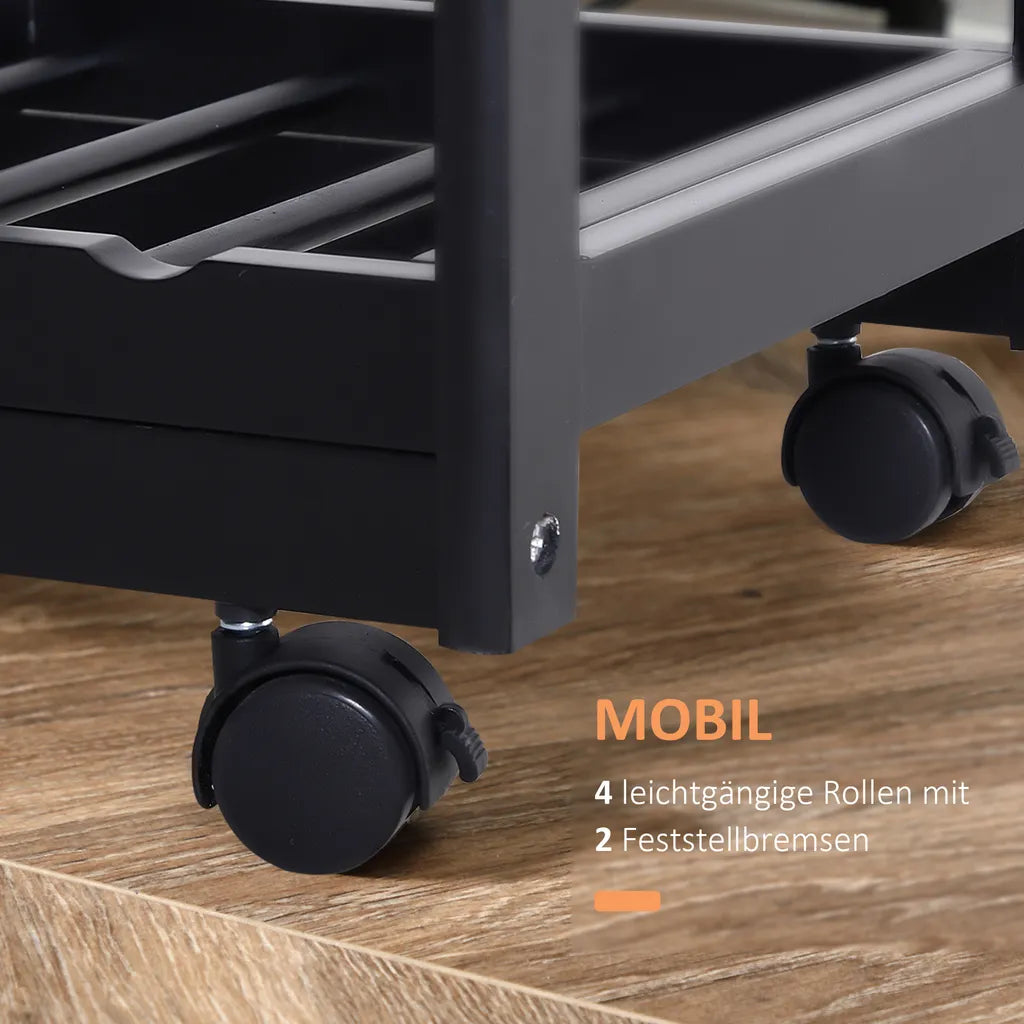 HOMCOM Küchenwagen Servierwagen Mit Ausziehbarem Korb Schublade Küchenrollwagen Weinablage Küchentrolley Holz Schwarz 74 X 37 X 76 Cm