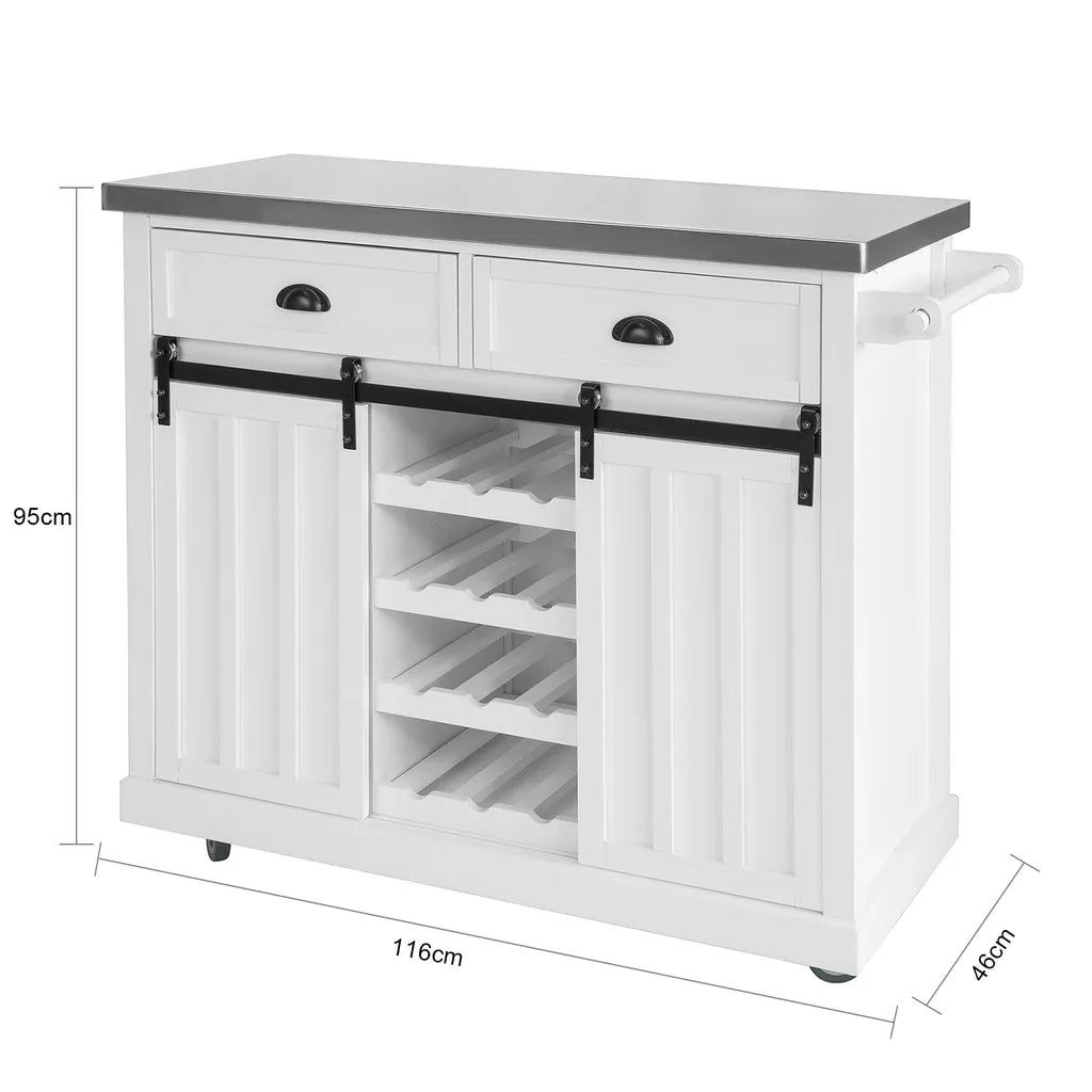  SoBuy FKW94-W Design Küchenwagen Mit Flaschenablage Küchenschrank Mit 2 Schiebetüren Und 2 Schubladen Servierwagen Mit Edelstahlplatte Sideboard Weiß