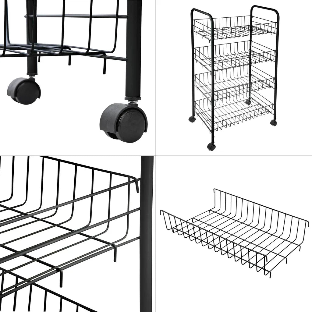  ONVAYA® Beistellwagen Susi Mit 4 Körben | Schwarz | 39x26x76 Cm | Rollwagen | Küchenwagen | Wagen | Metall | Regal | Bad | Servierwagen | Haushaltswagen | Allzweckwagen | Küchentrolley