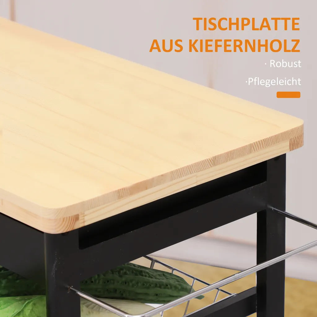  HOMCOM Küchenwagen Servierwagen Mit Ausziehbarem Korb Schublade Küchenrollwagen Weinablage Küchentrolley Holz Schwarz 74 X 37 X 76 Cm