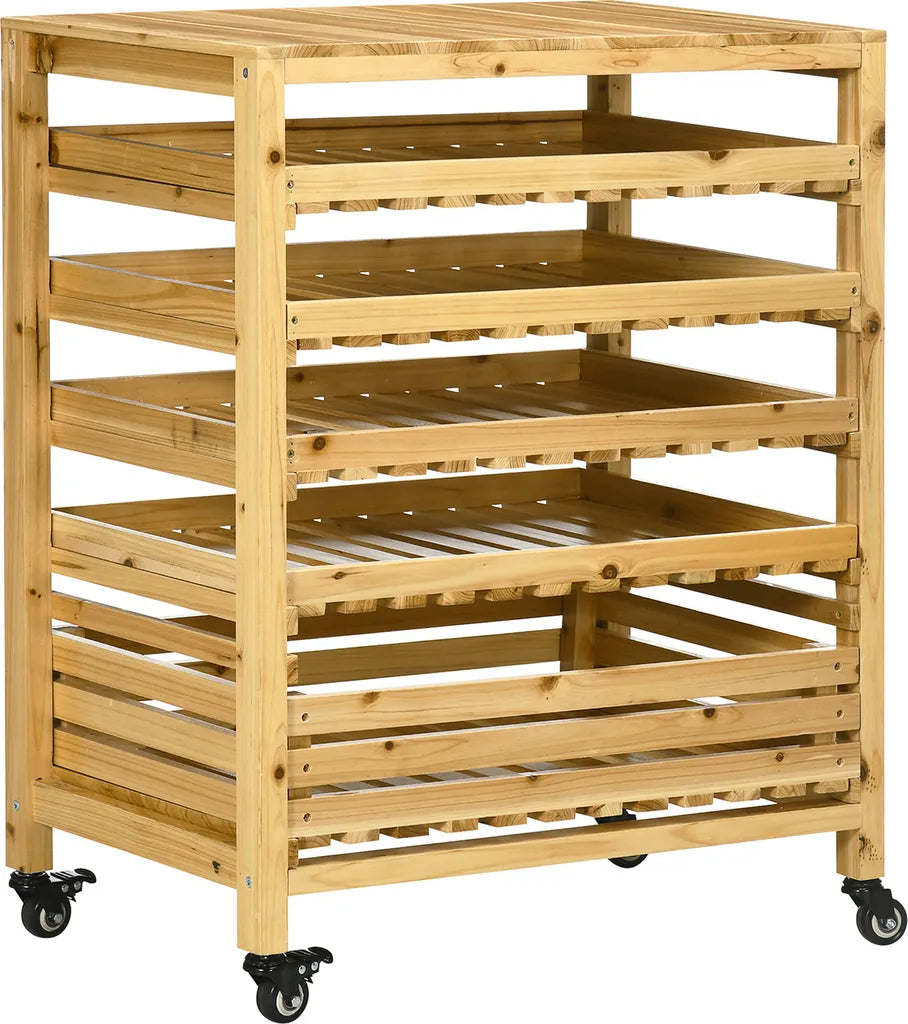  Outsunny Obsthalter Mit Rädern, Gemüseregal Mit 5 Regalen, Obstkorbständer, Aufbewahrungswagen, Für Gemüse, Obst, Bis 20 Kg Belastbar, Aus Tannenholz, Natur