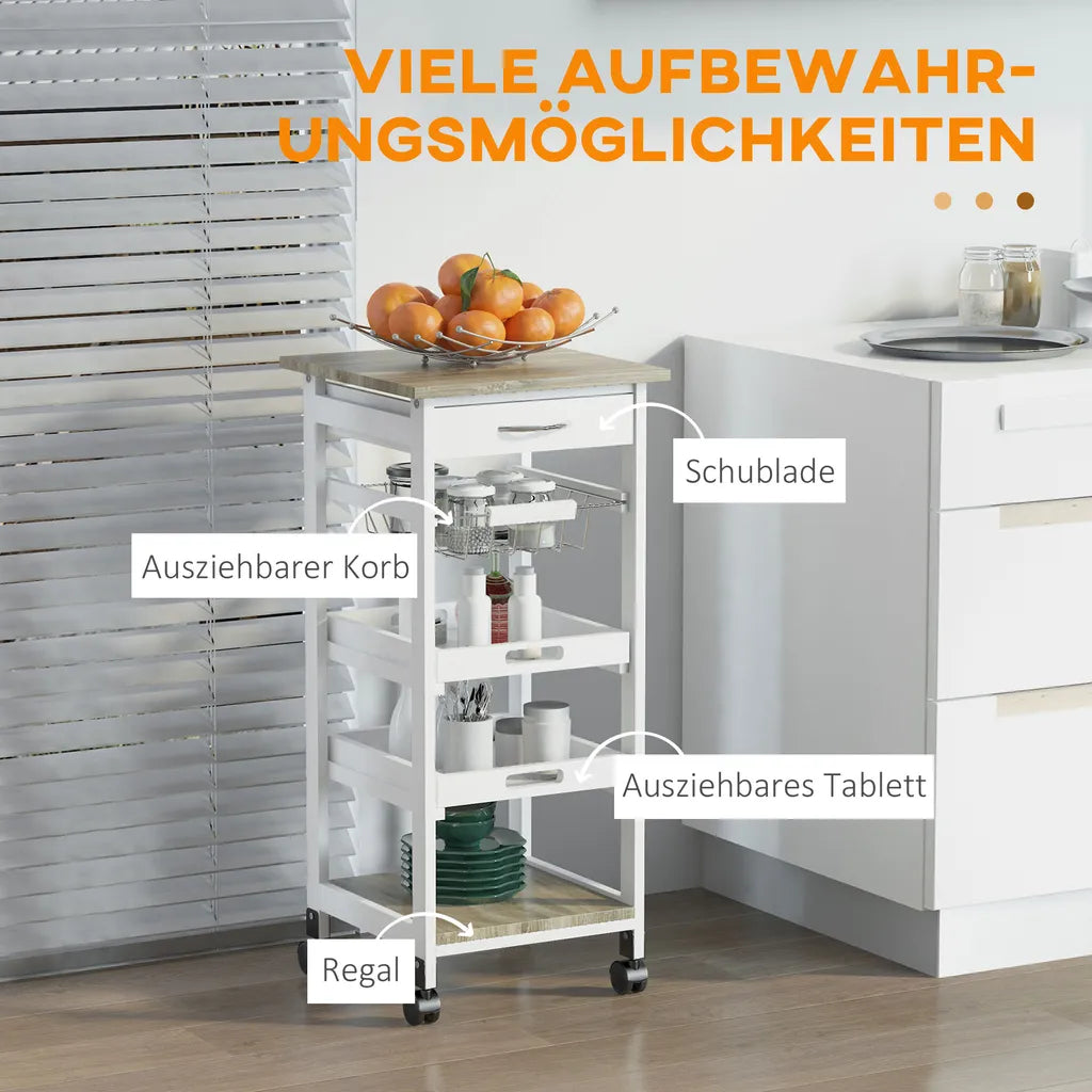  HOMCOM Küchenwagen, Servierwagen Mit Schublade Und Abnehmbarem Tablett Küchenrollwagen, Rollwagen Mit Arbeitsplatte, Kieferholz, Weiß, 37 X 37 X 82 Cm
