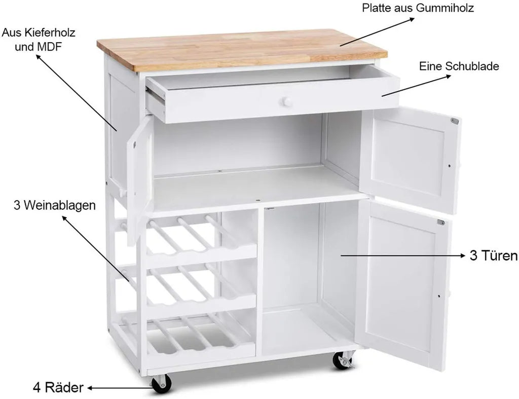  COSTWAY Servierwagen Küchenschrank Küchenwagen Küchentrolley Beistellwagen Küchenregal Rollwagen Weinregal Weinschrank Holz Weiss