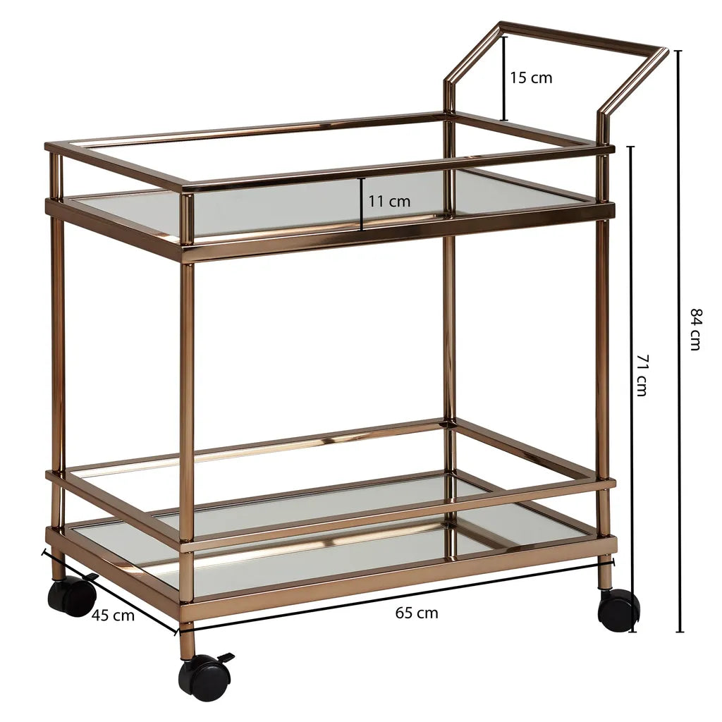  WOHNLING Design Servierwagen Dunkles Gold 2 Ebenen Mit Bremsen | Beistelltisch Auf Rollen | Speisewagen Mit Glasplatte | Küchenwagen | Teewagen
