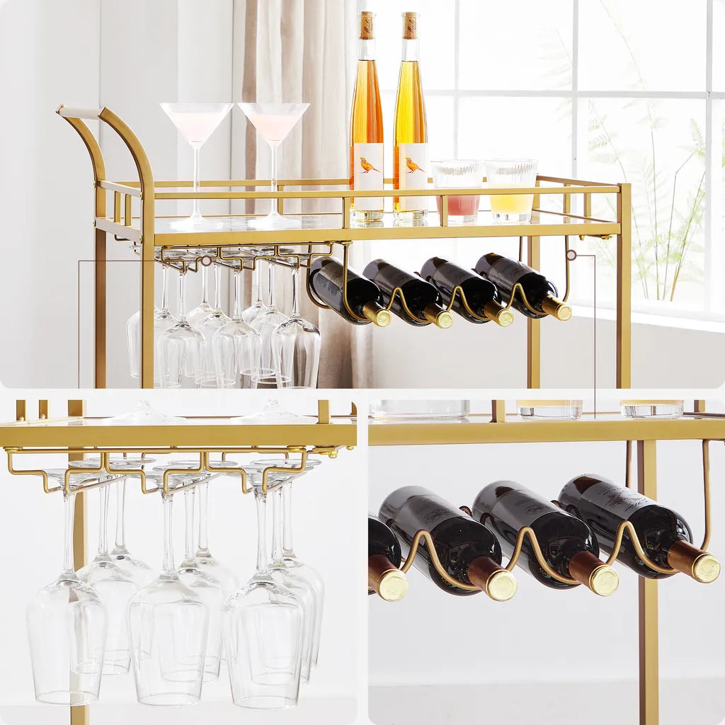 VASAGLE Servierwagen, Rollwagen, Gläserhalter, 2 Verspiegelte Glasablagen, Barwagen, Weinwagen, Für Küche, Esszimmer, Bar, Goldfarben