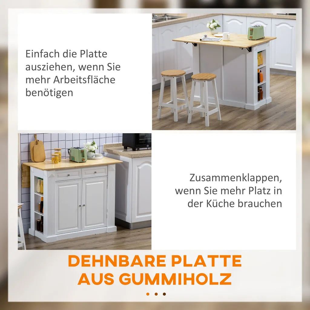  HOMCOM Kücheninsel, Sideboard Mit Erweiterbarer Arbeitsfläche, Küchenschrank Mit Schubladen, Gewürzregalen, Servierwagen Aus Holz Für Küche, Weiß, 108 X 78,4 X 84 Cm