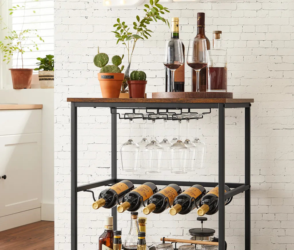  VASAGLE Servierwagen, Küchenwagen Auf Rollen, Mit Ablagen, Glas- Und Flaschenhaltern, 60 X 40 X 75 Cm, Industrie-Design, Vintagebraun-schwarz LRC087B01