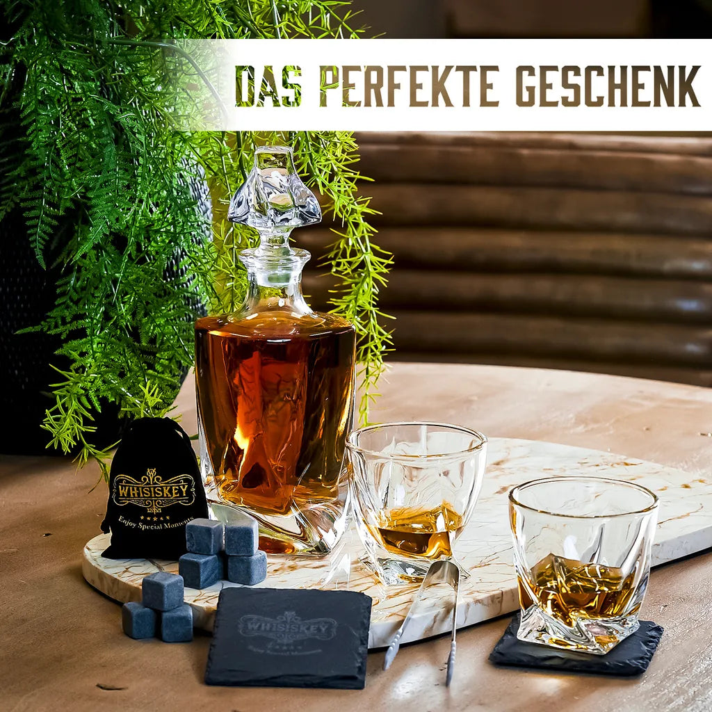  Whisiskey - Whisky Karaffe – Twisted Dekanter Set - Whiskey Karaffe Set - 1000ML - Geschenke Für Männer - Inkl. 8 Whisky Steine, Zange & 2 Whisky Gläser