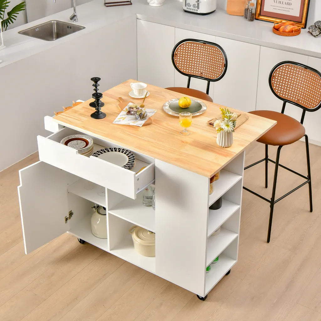  COSTWAY Küchenwagen Mit Ausziehbarer Arbeitsfläche, Servierwagen Auf Rollen, Kücheninselwagen Holz, Küchenschrank Mit Ablagen & Schublade & Gewürzregal, Küchentrolley Für Küche Esszimmer (Weiß)