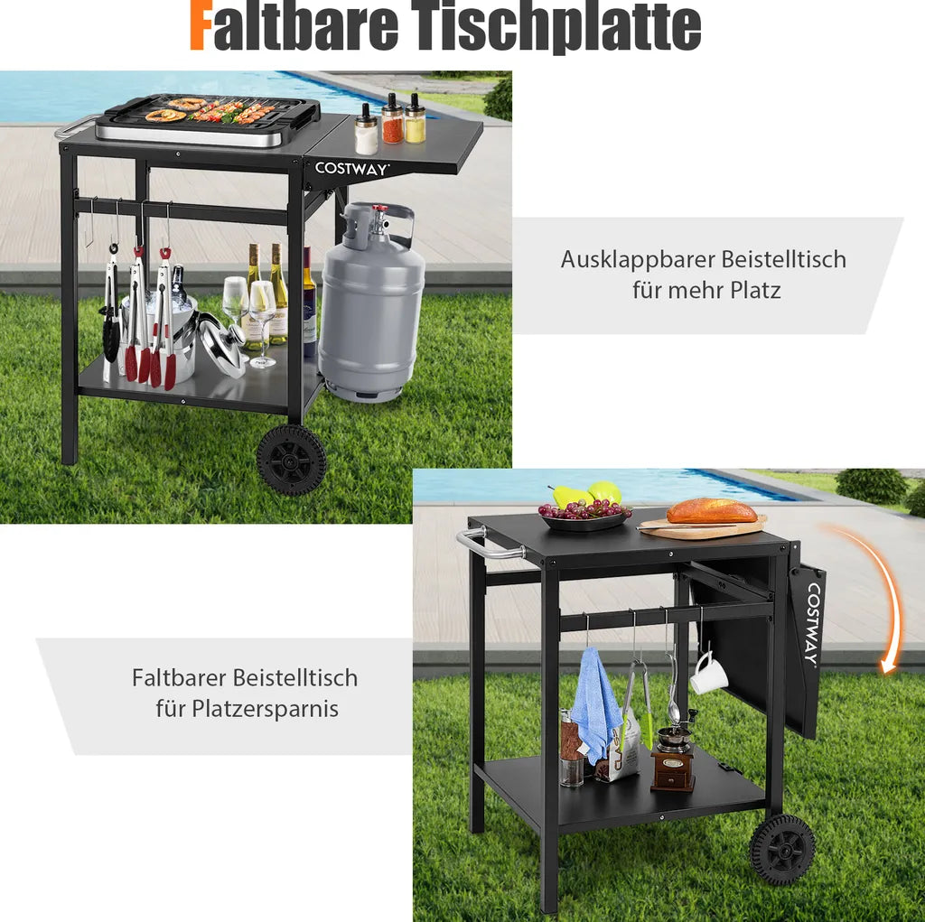  COSTWAY Grilltisch Mit Klappbarer Tischplatte, Beweglicher Campingtisch Mit 2 Ablagen & 4 Haken, Metall Grillwagen Für Außenbereich, Rollwagen Zum Grillen & Outdoorküche, Zubereitungswagen Schwarz