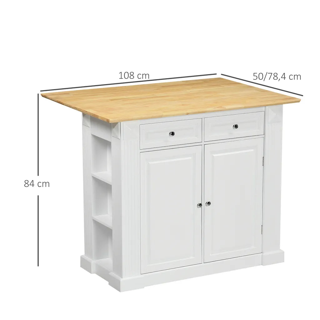  HOMCOM Kücheninsel, Sideboard Mit Erweiterbarer Arbeitsfläche, Küchenschrank Mit Schubladen, Gewürzregalen, Servierwagen Aus Holz Für Küche, Weiß, 108 X 78,4 X 84 Cm
