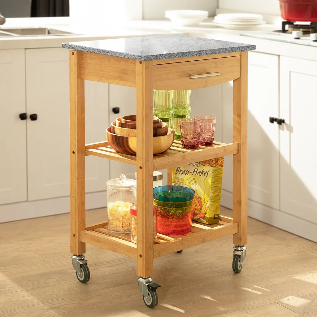  SoBuy FKW28-HG Servierwagen Mit Schublade Und 2 Ablagen Küchenwagen Küchenregal Aus Bambus Mit Granitarbeitsplatte BHT Ca.: 58x85x40cm