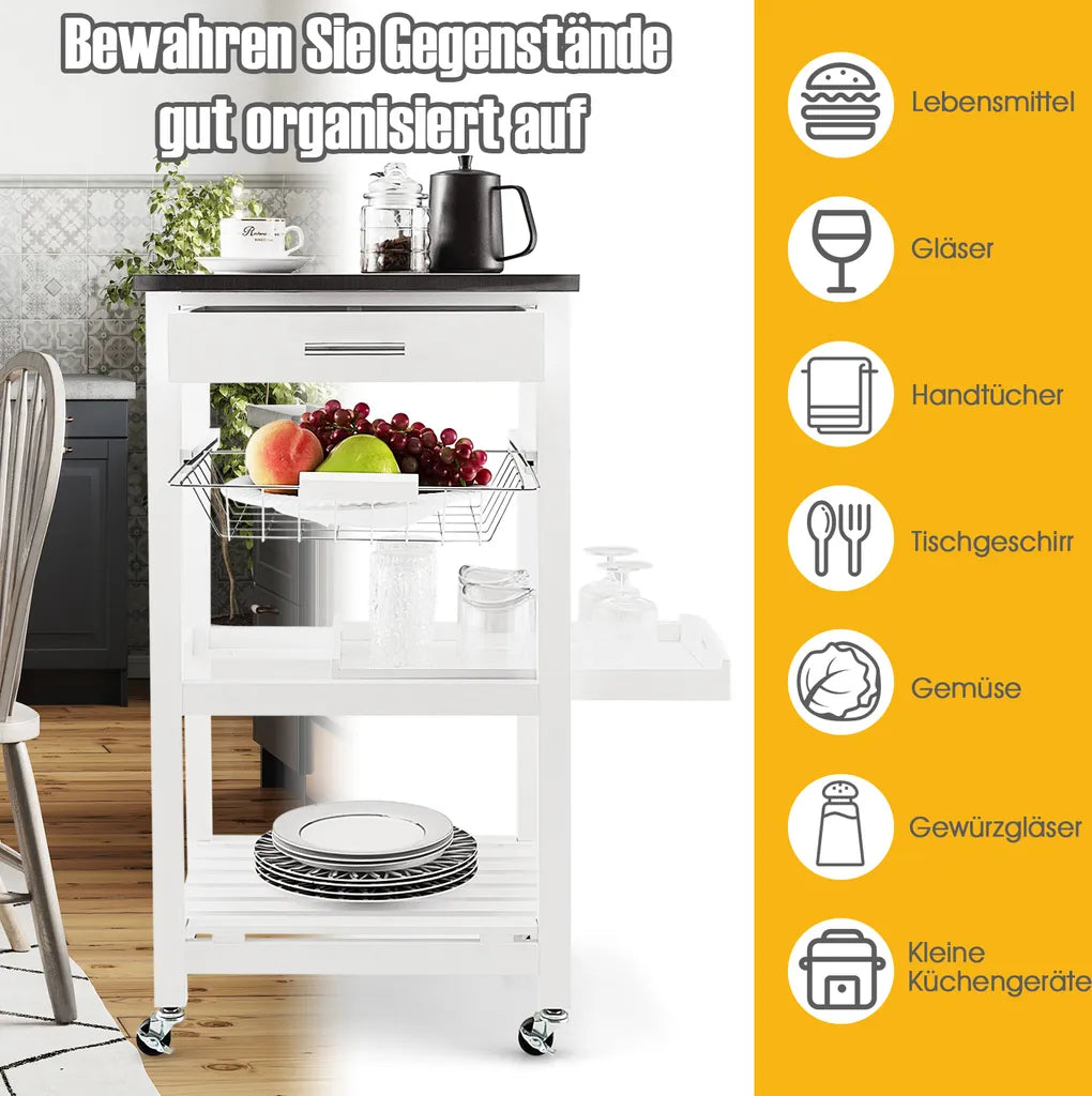  COSTWAY Kleiner Küchenwagen, Servierwagen Auf Rollen, Arbeitsplatte Aus Edelstahl, Schublade, Korb & Abnehmbarem Serviertablett, Rollwagen Kücheninsel, Küchentrolley Landhausstil Weiß, 47x39x85cm